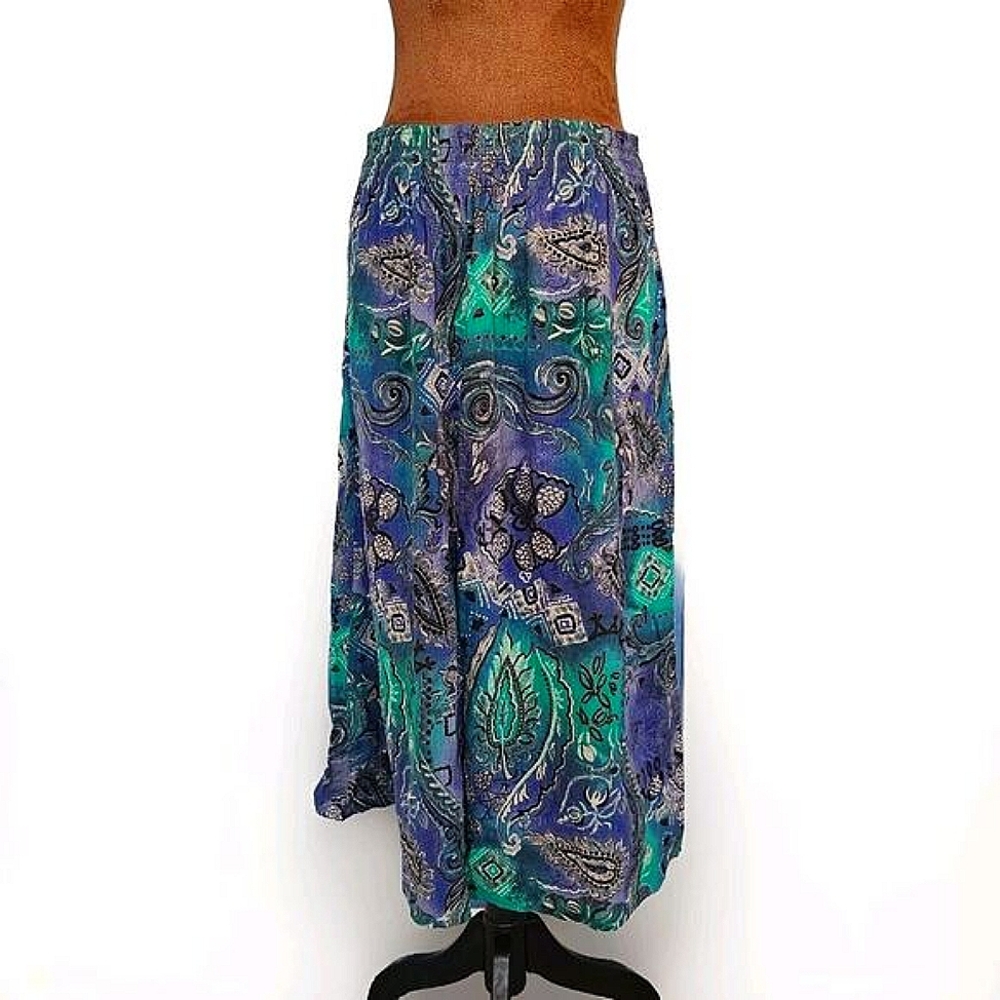 Vintage 80s Skirt Fritzi of‎ California Midi Blue Green Abstract Size M Colorful